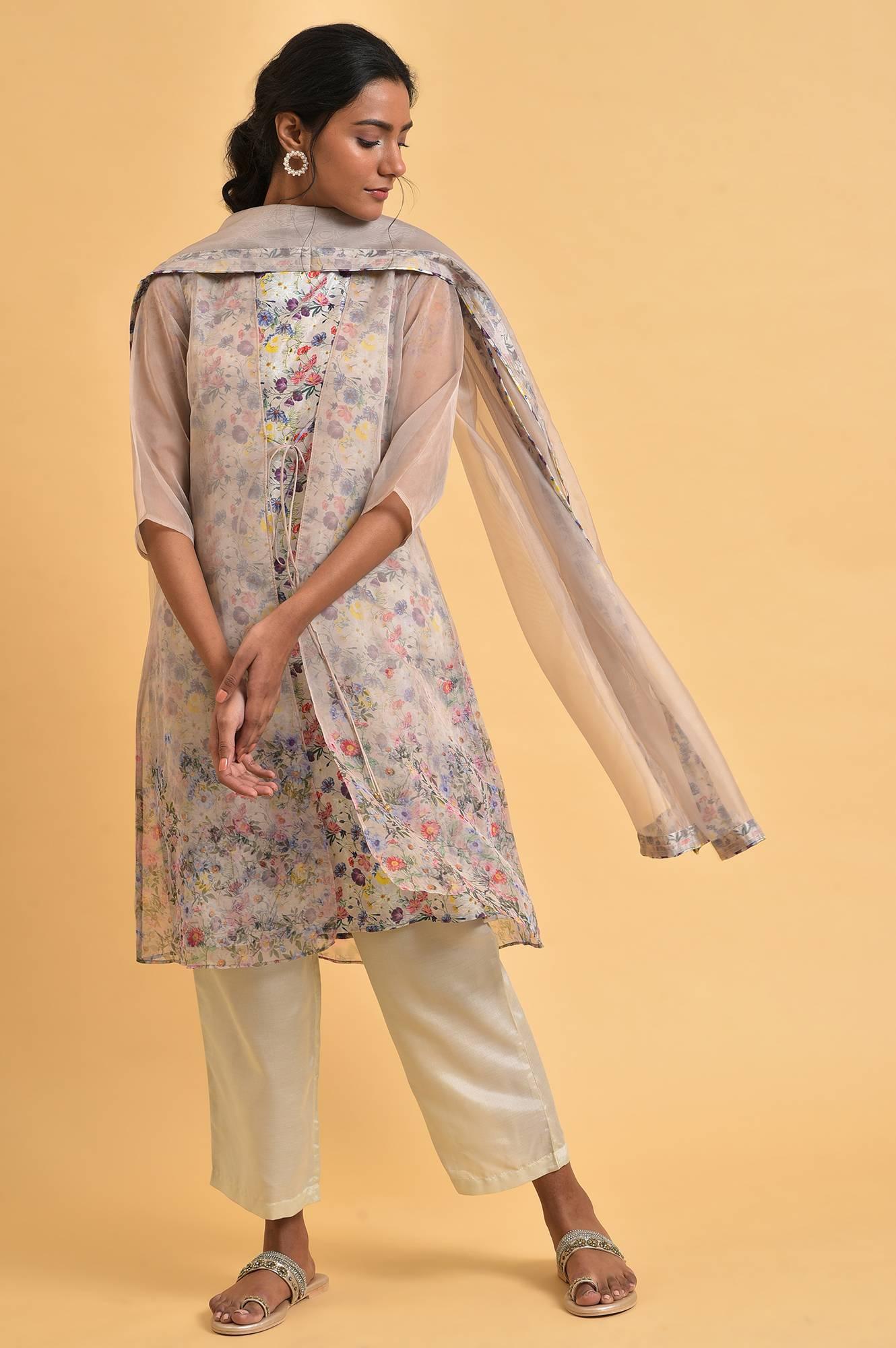 Ecru Floral Print Jacket kurta Set - wforwoman