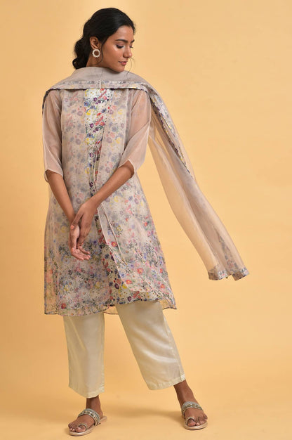 Ecru Floral Print Jacket kurta Set - wforwoman