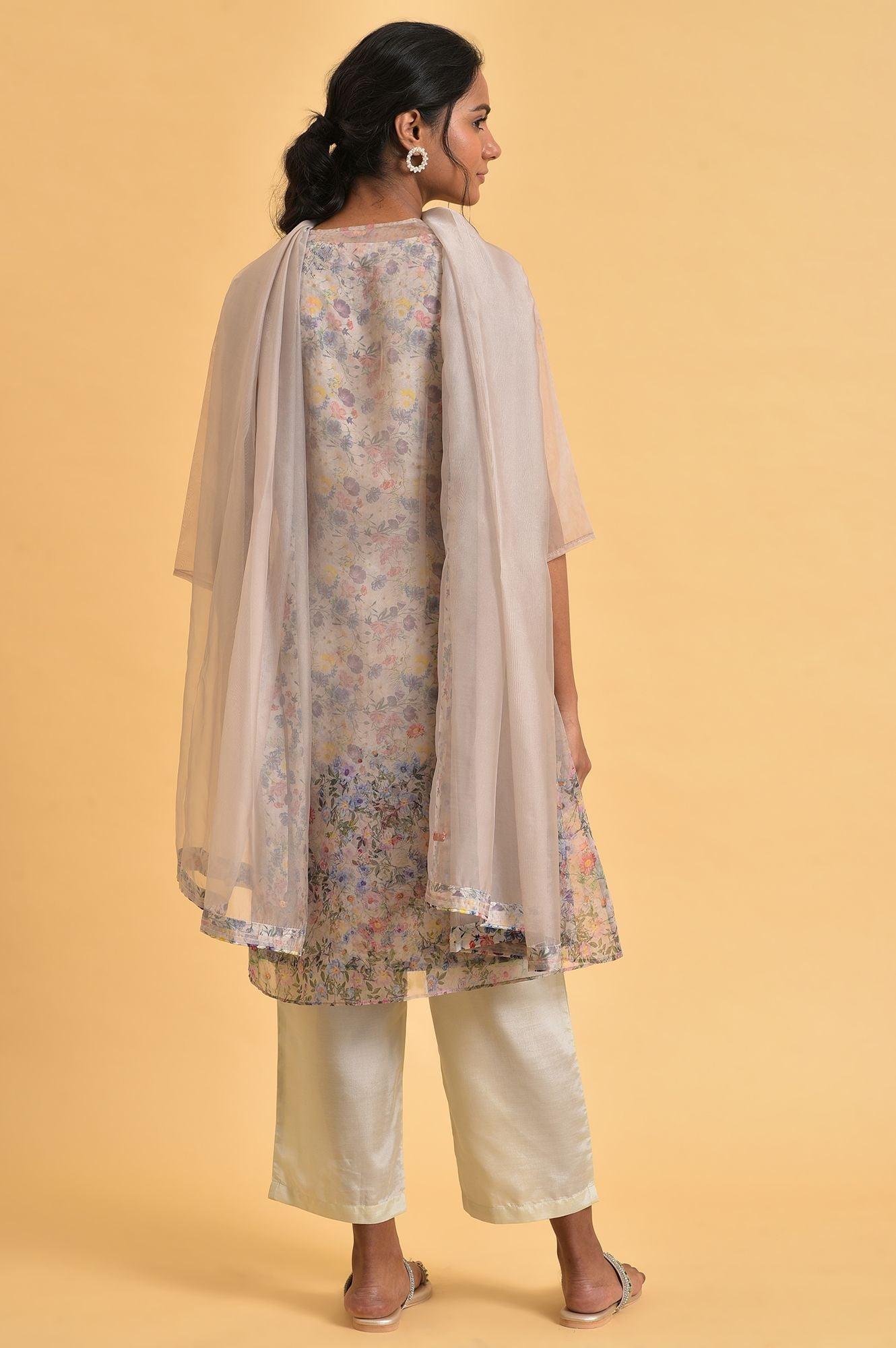 Ecru Floral Print Jacket kurta Set - wforwoman