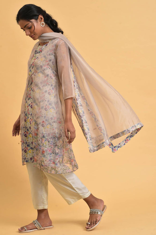 Ecru Floral Print Jacket kurta Set