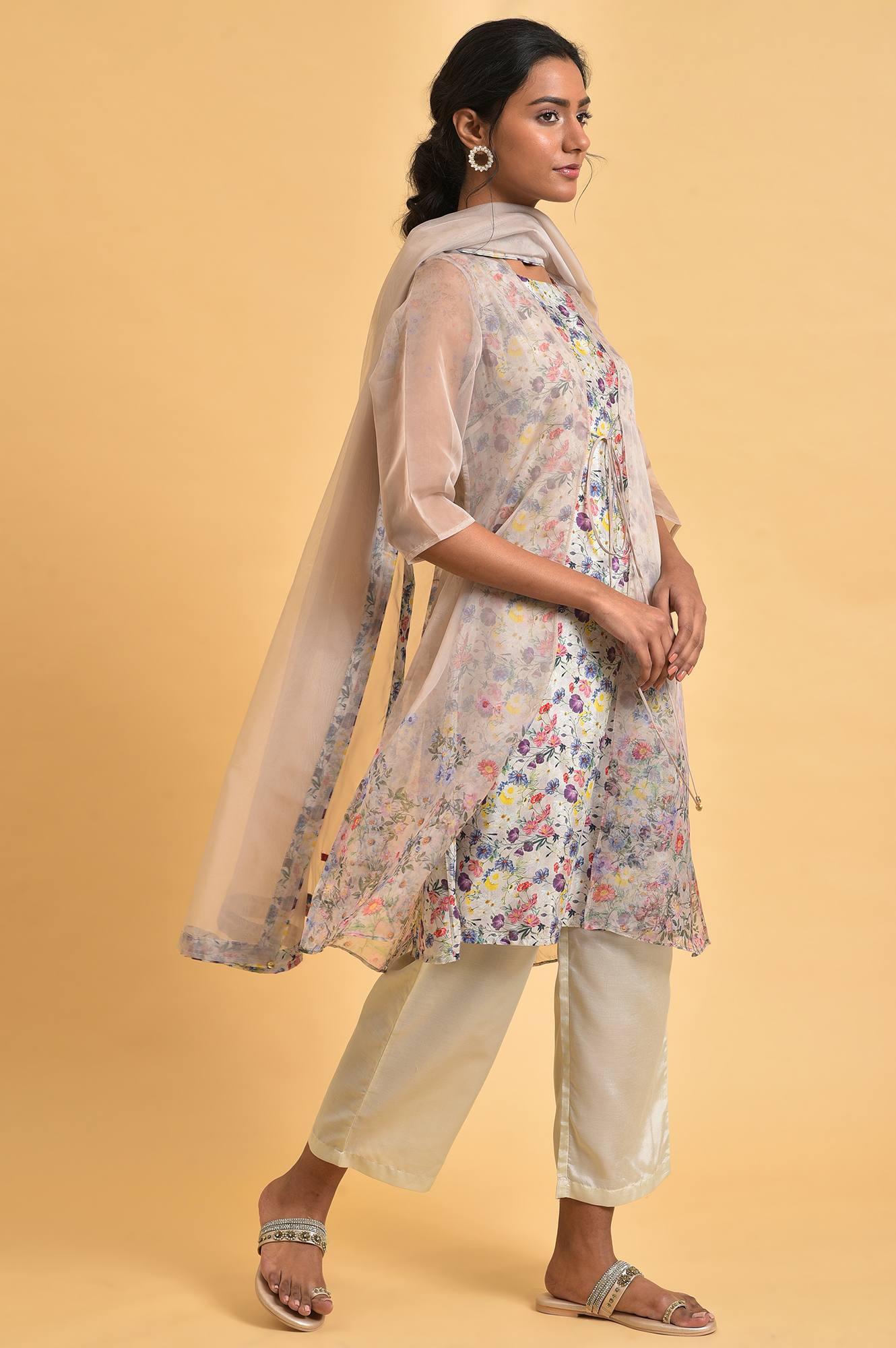 Ecru Floral Print Jacket kurta Set - wforwoman