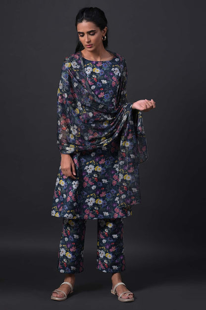Dark Green Floral Print kurta With Straight Pants And Dupatta - wforwoman