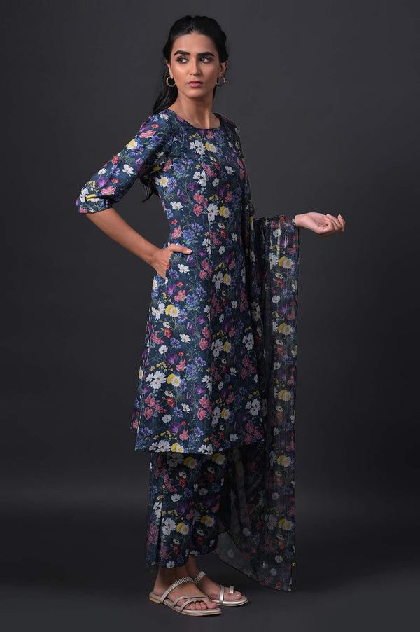 Dark Green Floral Print kurta With Straight Pants And Dupatta