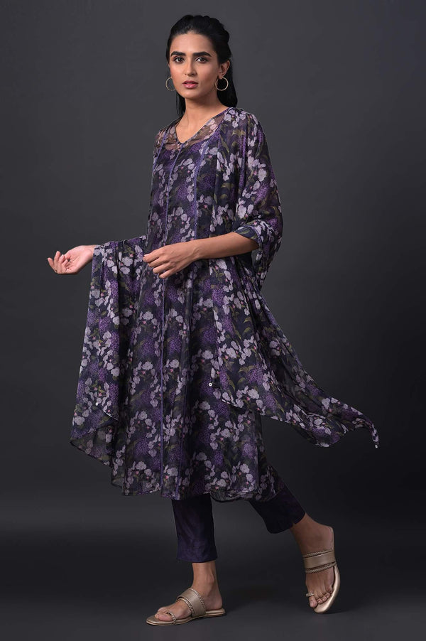 Purple Floral Printed kurta With Solid Slip, Slim Pants And Dupatta