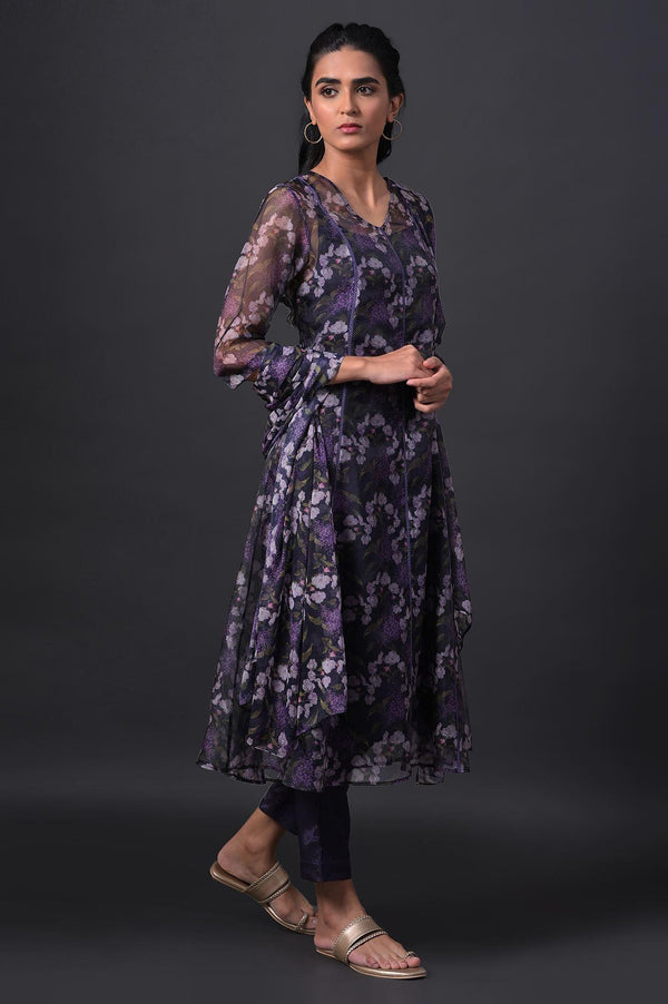 Purple Floral Printed kurta With Solid Slip, Slim Pants And Dupatta