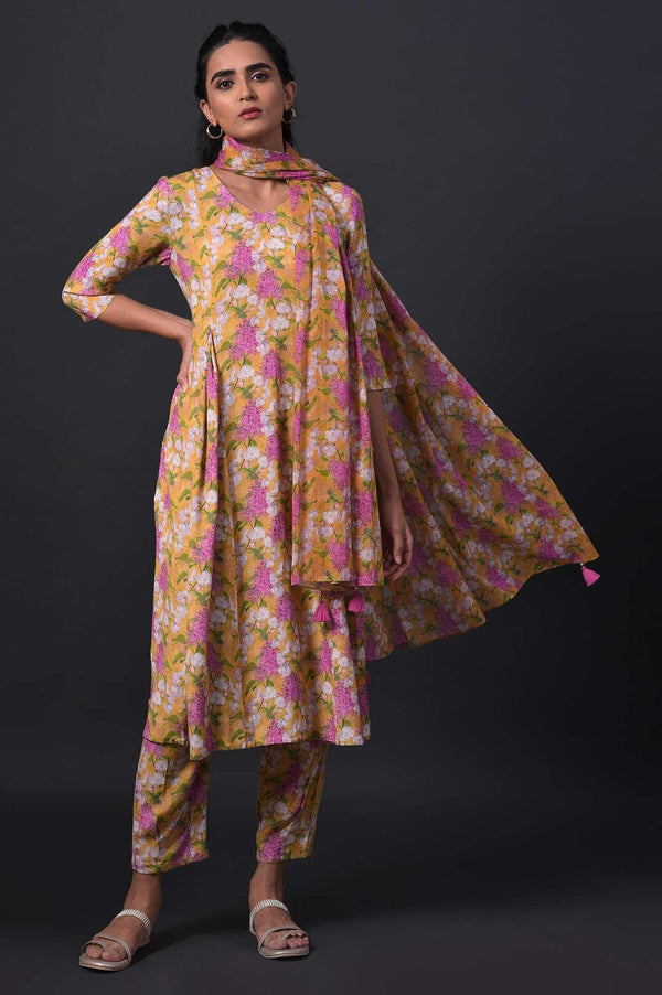 Yellow Floral Print kurta With Straight Pants And Dupatta