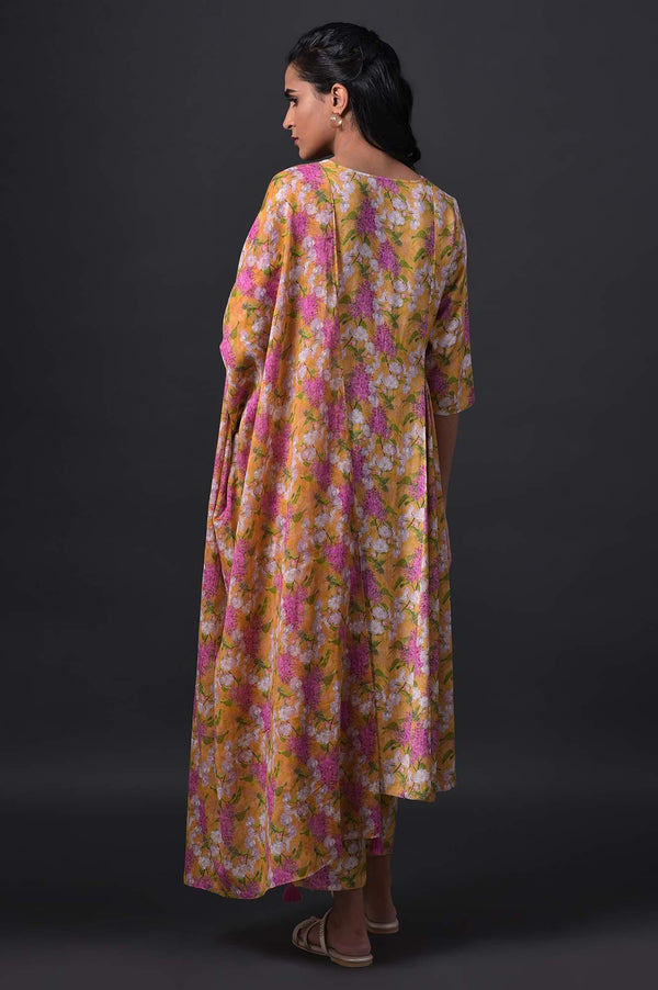 Yellow Floral Print kurta With Straight Pants And Dupatta