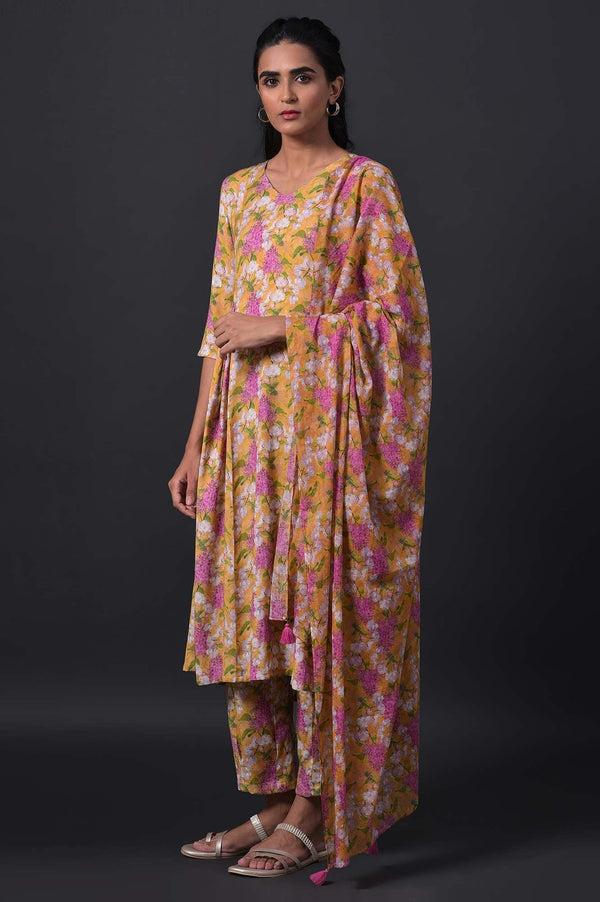 Yellow Floral Print kurta With Straight Pants And Dupatta