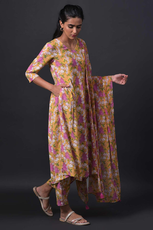 Yellow Floral Print kurta With Straight Pants And Dupatta