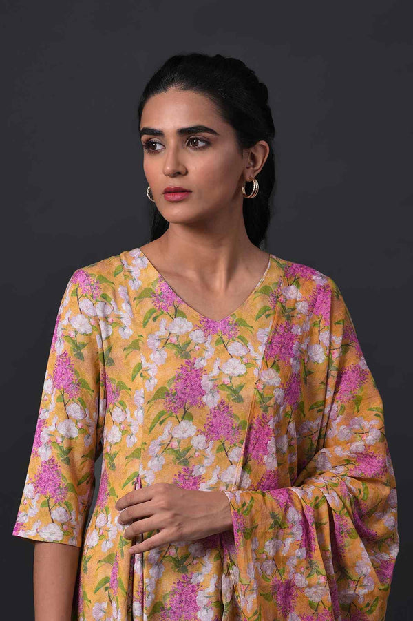 Yellow Floral Print kurta With Straight Pants And Dupatta