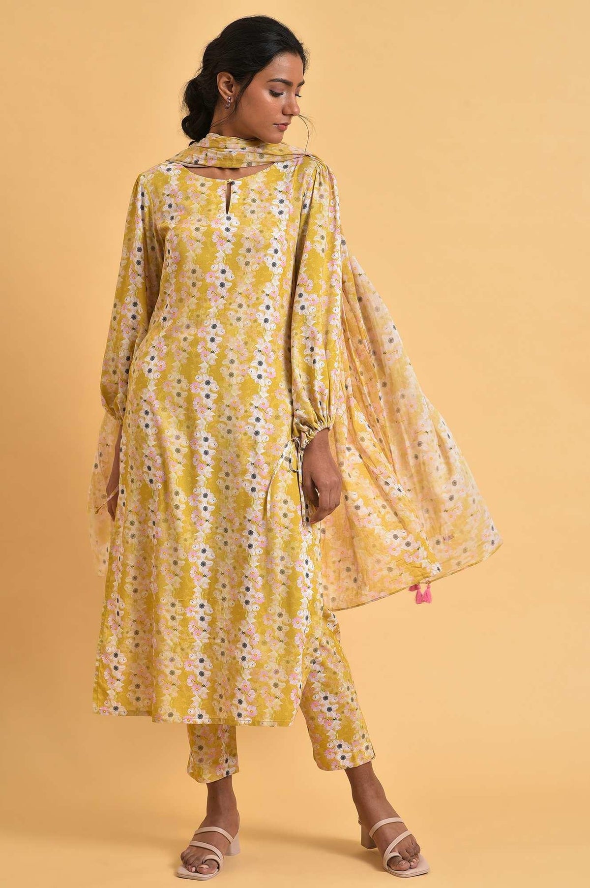 Yellow Floral Print-On-Print kurta Set - XS