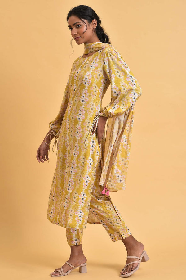 Yellow Floral Print-On-Print kurta Set