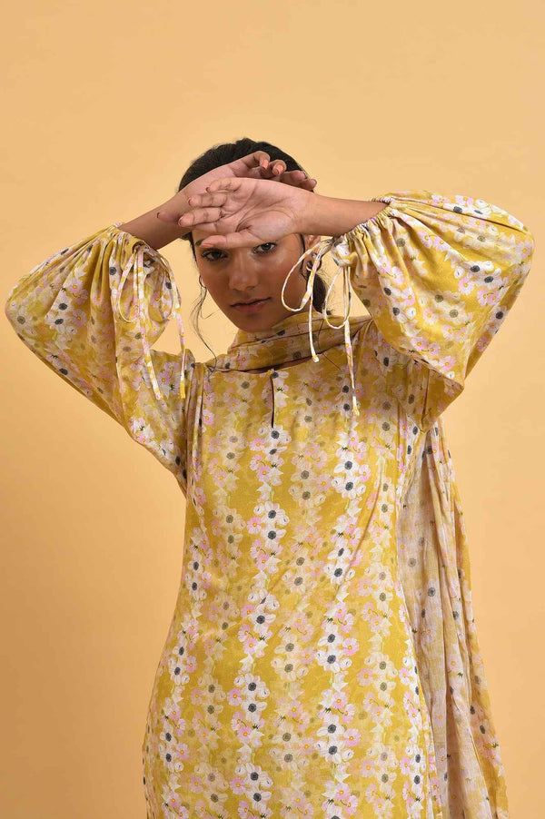 Yellow Floral Print-On-Print kurta Set
