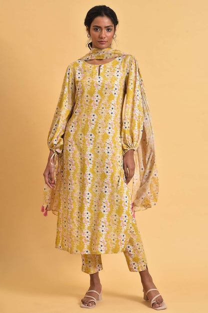 Yellow Floral Print-On-Print kurta Set - wforwoman