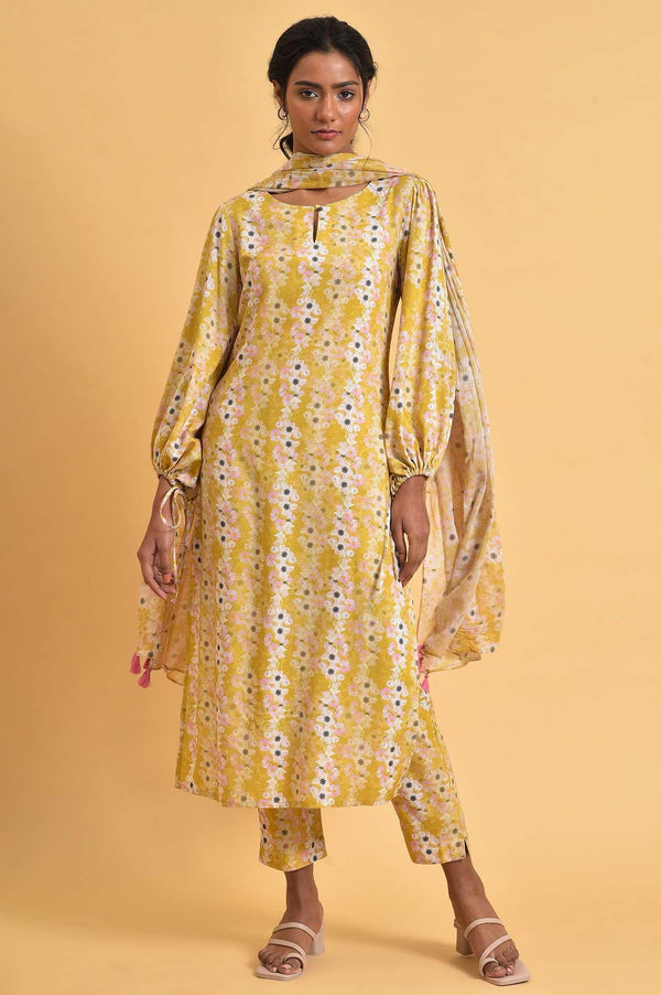 Yellow Floral Print-On-Print kurta Set