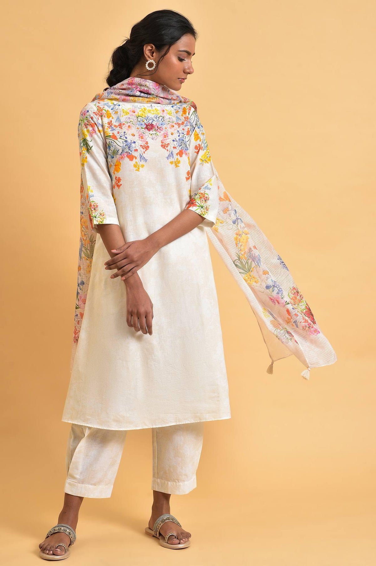 Ecru Floral Print Summer kurta Set - XS
