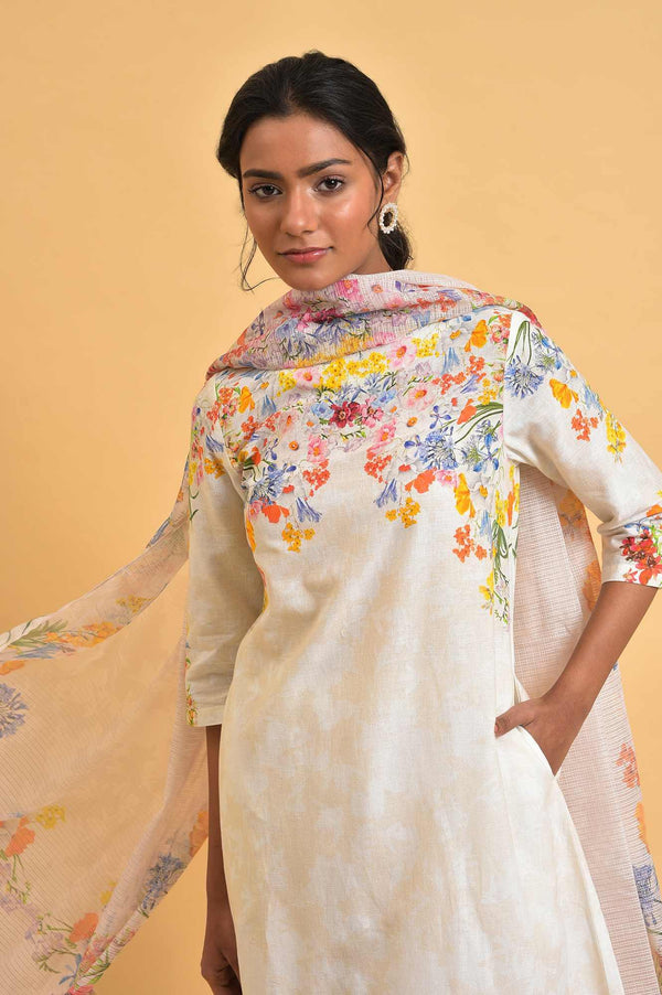 Ecru Floral Print Summer kurta Set