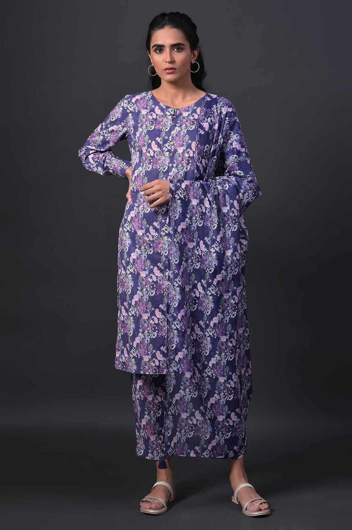 Blue Floral Printed kurta With Slim Pants And Kota Dupatta - XS