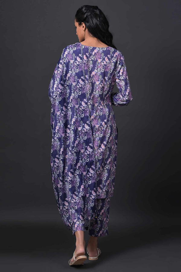 Blue Floral Printed kurta With Slim Pants And Kota Dupatta