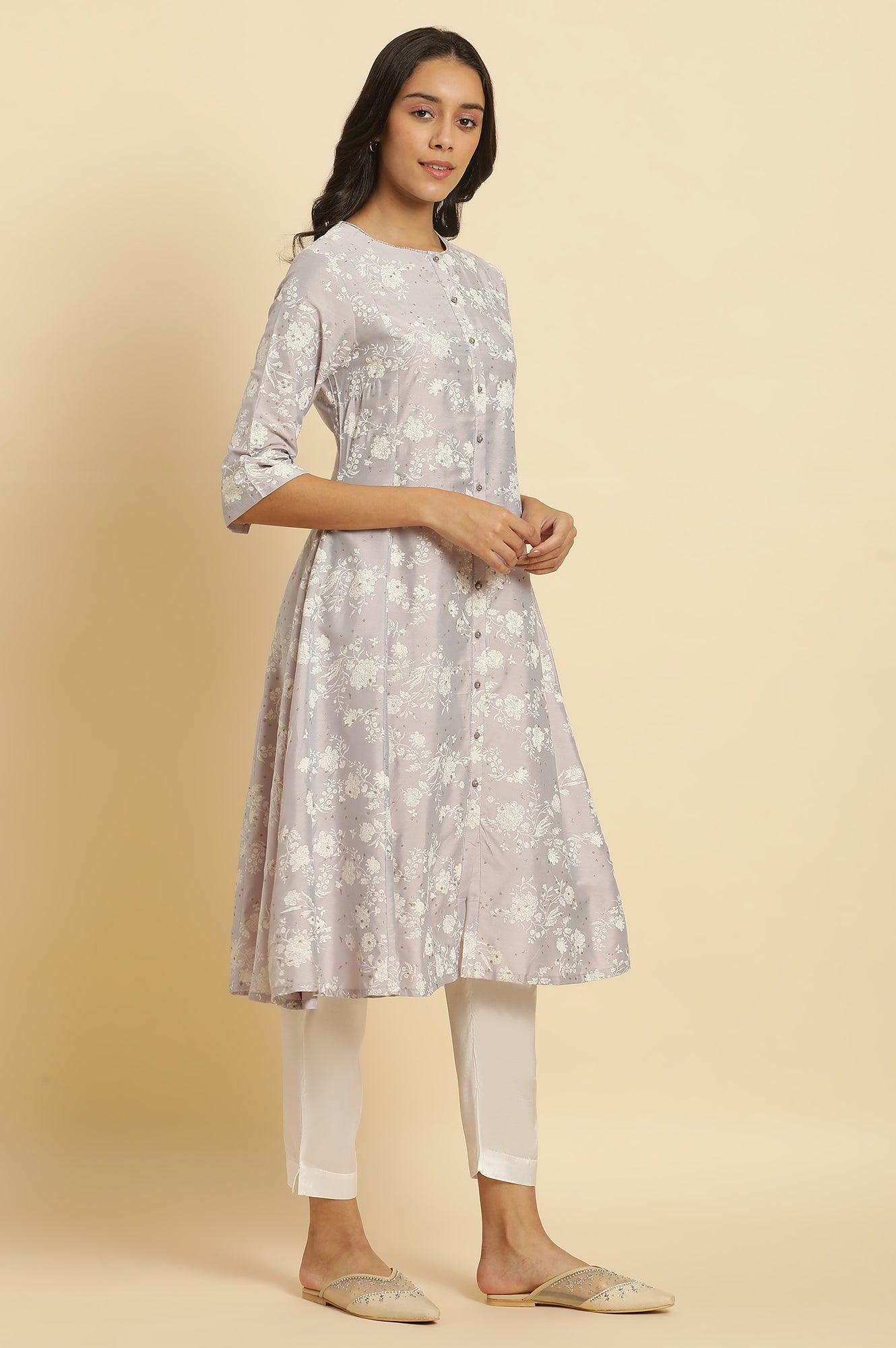 Grey Embellished Kurta And Pants Set - wforwoman