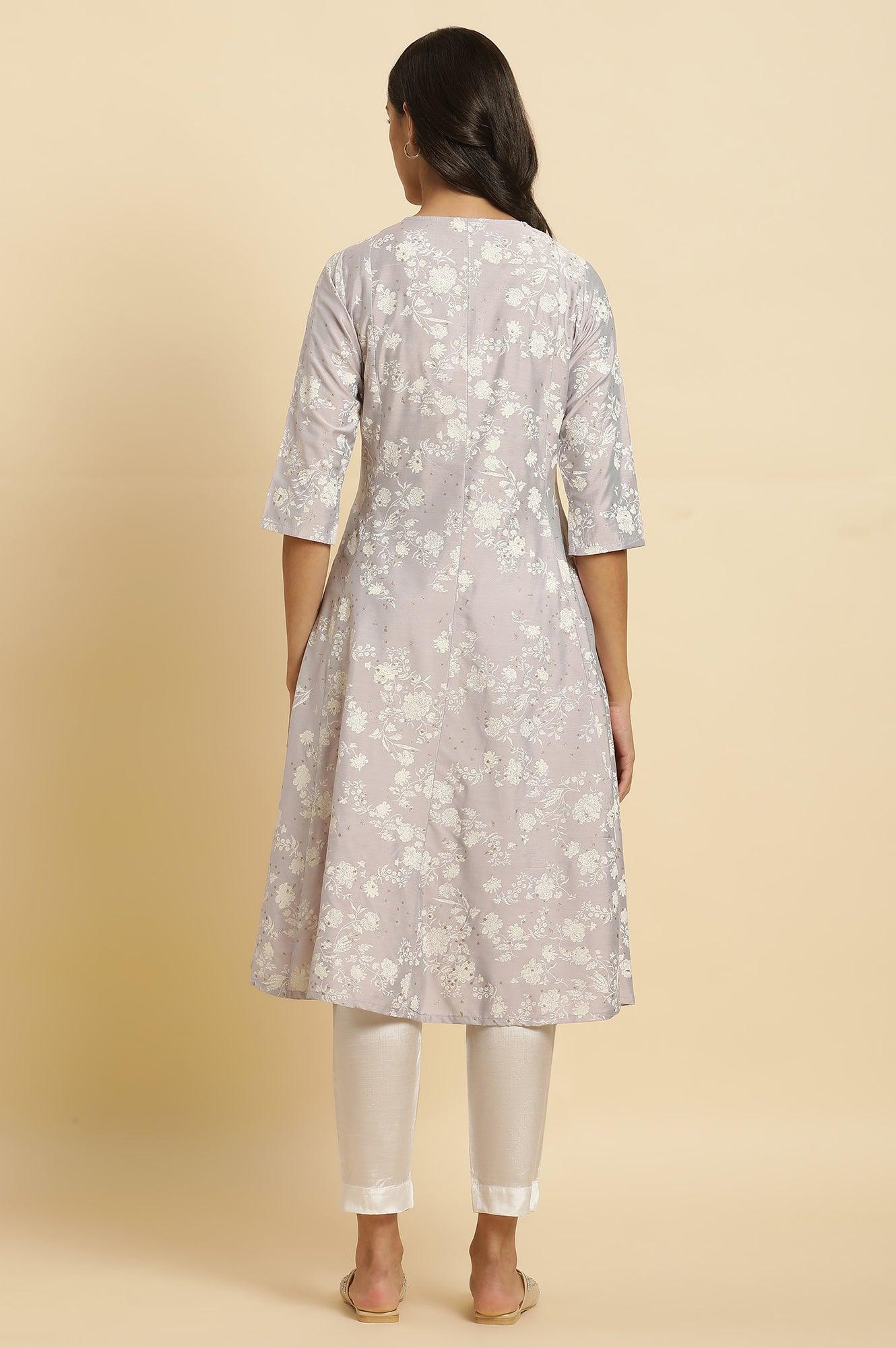 Grey Embellished Kurta And Pants Set - wforwoman