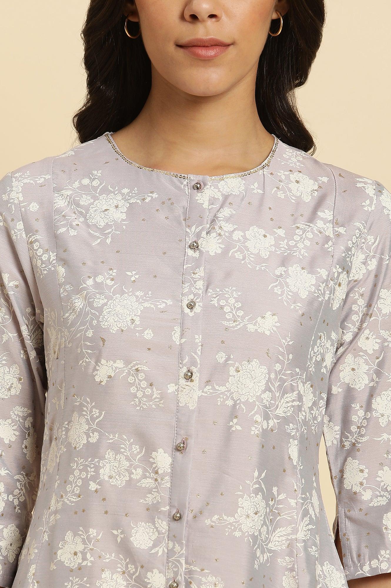 Grey Embellished Kurta And Pants Set - wforwoman