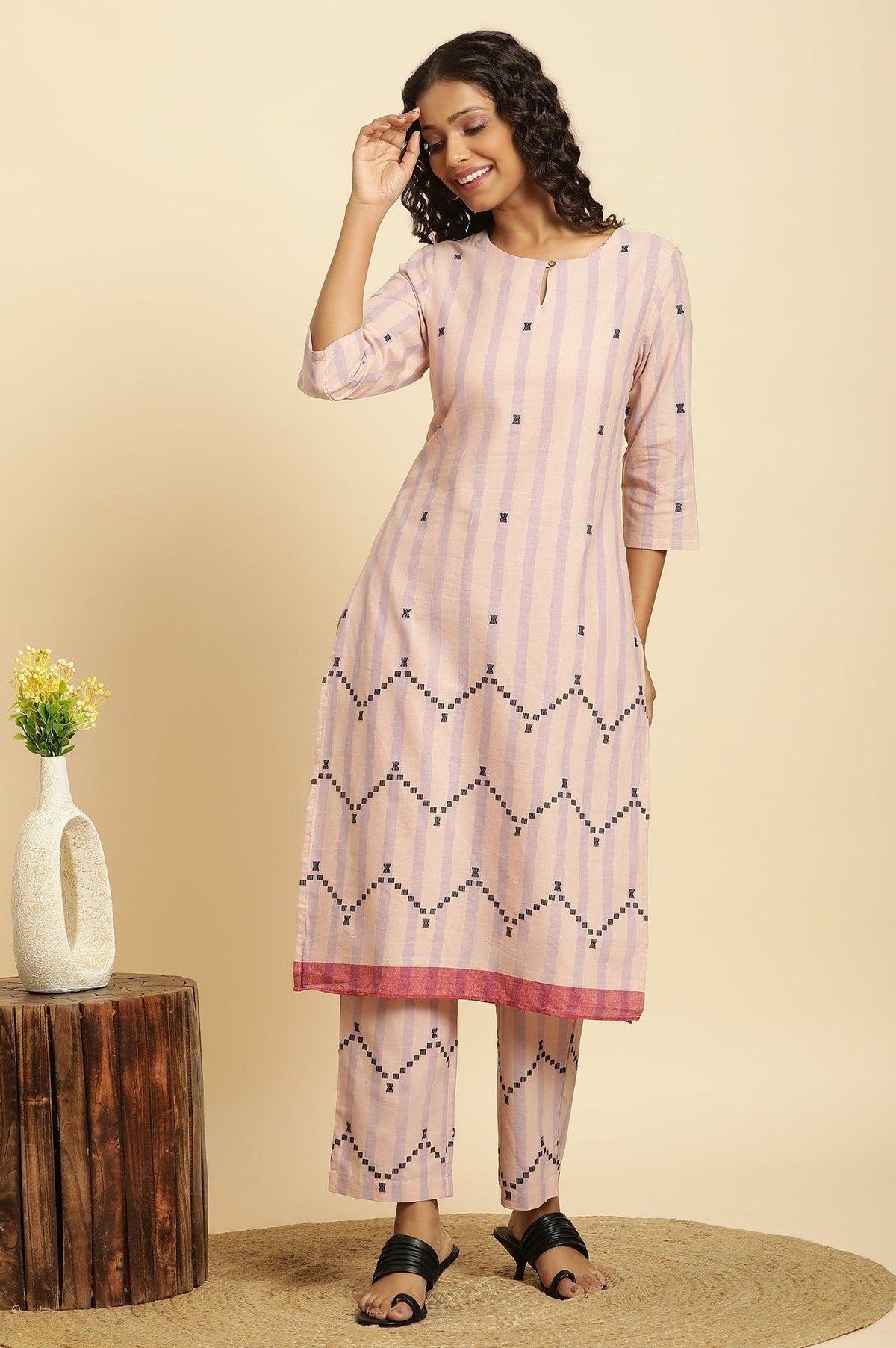 Pink And Purple Stripe Cotton Kurta And Pants Co-Ord Set - XS