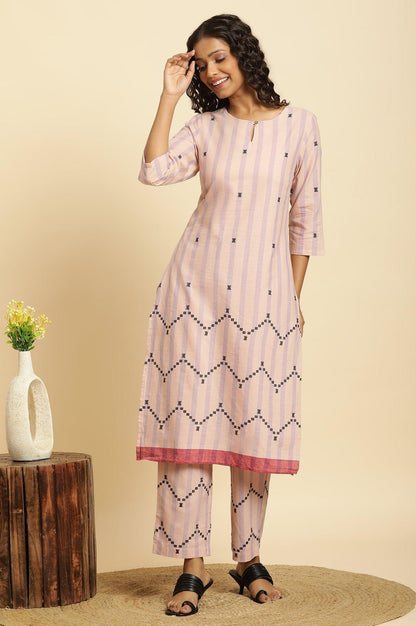 Pink And Purple Stripe Cotton Kurta And Pants Co-Ord Set - wforwoman