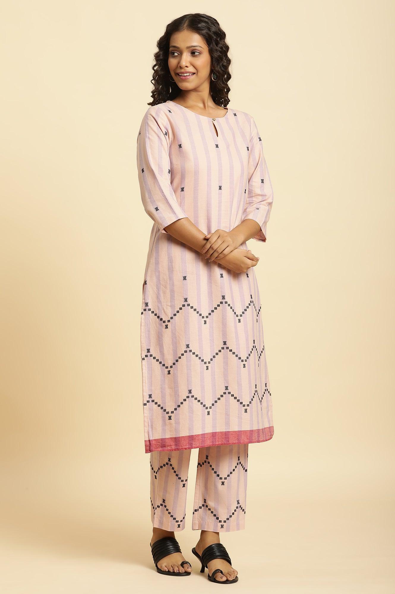 Pink And Purple Stripe Cotton Kurta And Pants Co-Ord Set - wforwoman