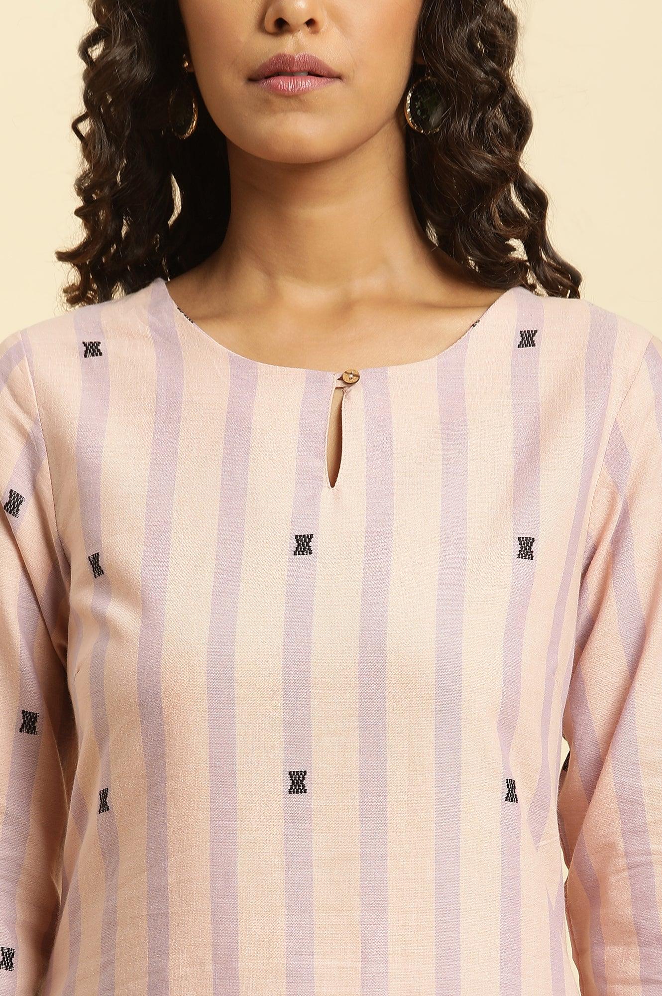 Pink And Purple Stripe Cotton Kurta And Pants Co-Ord Set - wforwoman