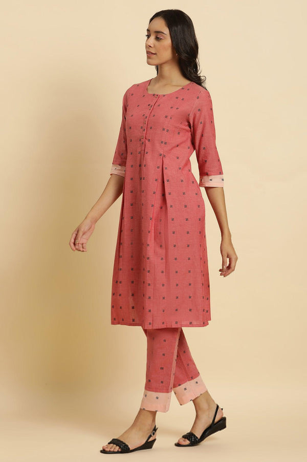 Red Printed Rayon Pleated Kurta And Pants Co-Ord Set