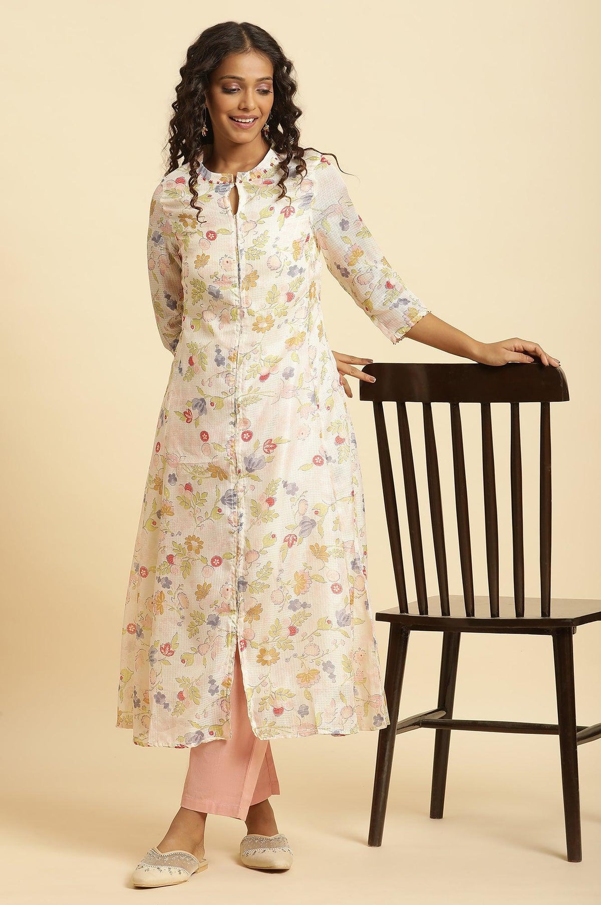 White Printed Layered Kota Kurta And Pants Set - XS