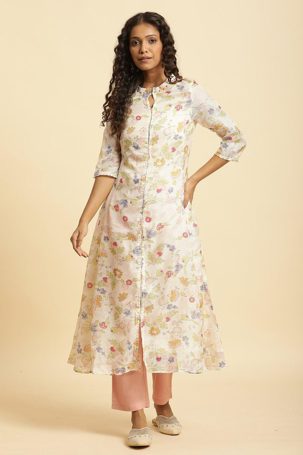 White Printed Layered Kota Kurta And Pants Set