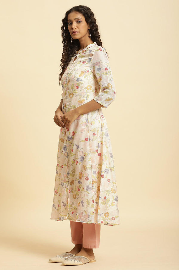 White Printed Layered Kota Kurta And Pants Set