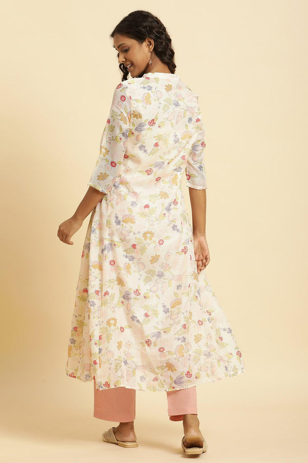 White Printed Layered Kota Kurta And Pants Set