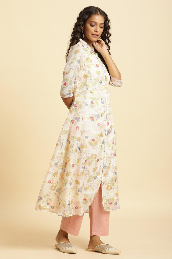 White Printed Layered Kota Kurta And Pants Set