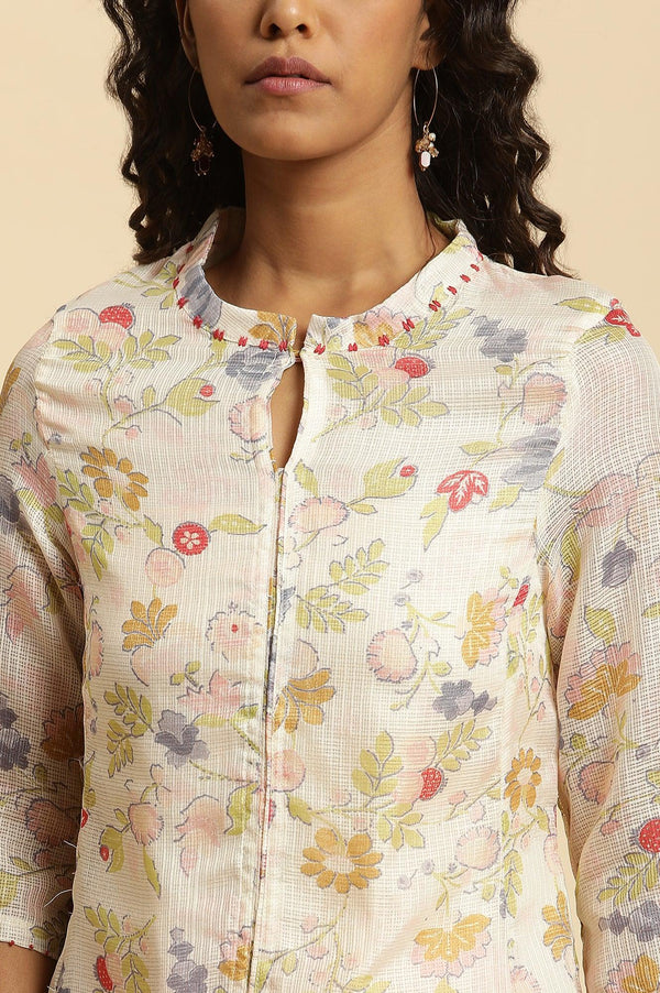 White Printed Layered Kota Kurta And Pants Set