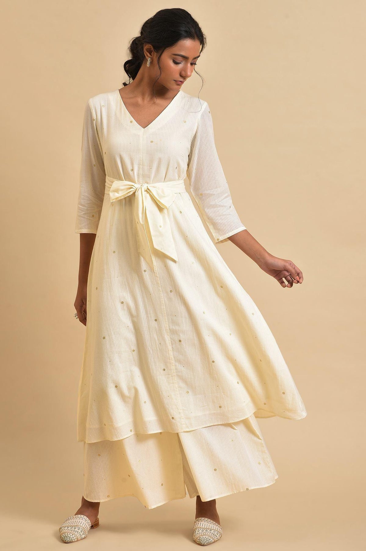 Ecru Gold Polka Dot Print kurta Co-Ord Set - XS