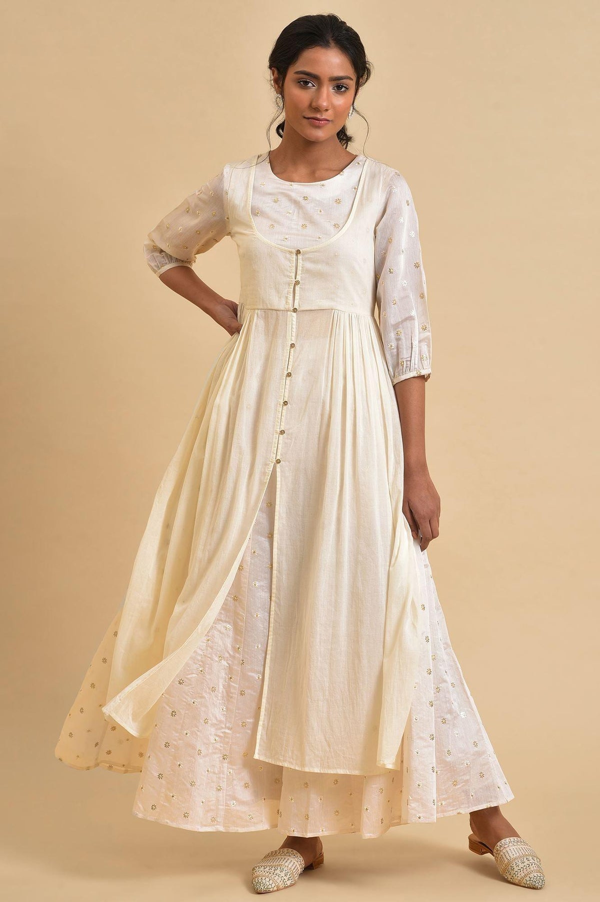 Ecru Floral Printed Festive kurta Set - XS