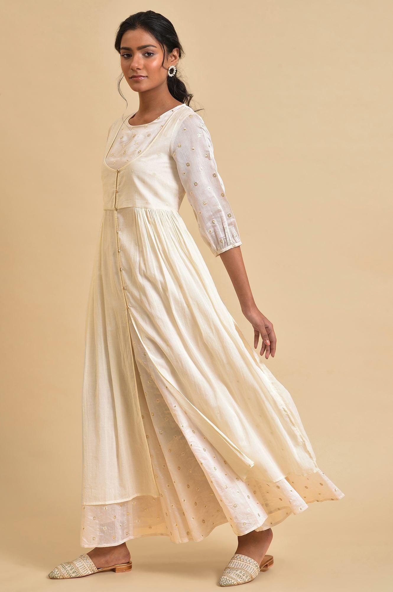 Ecru Floral Printed Festive kurta Set - wforwoman