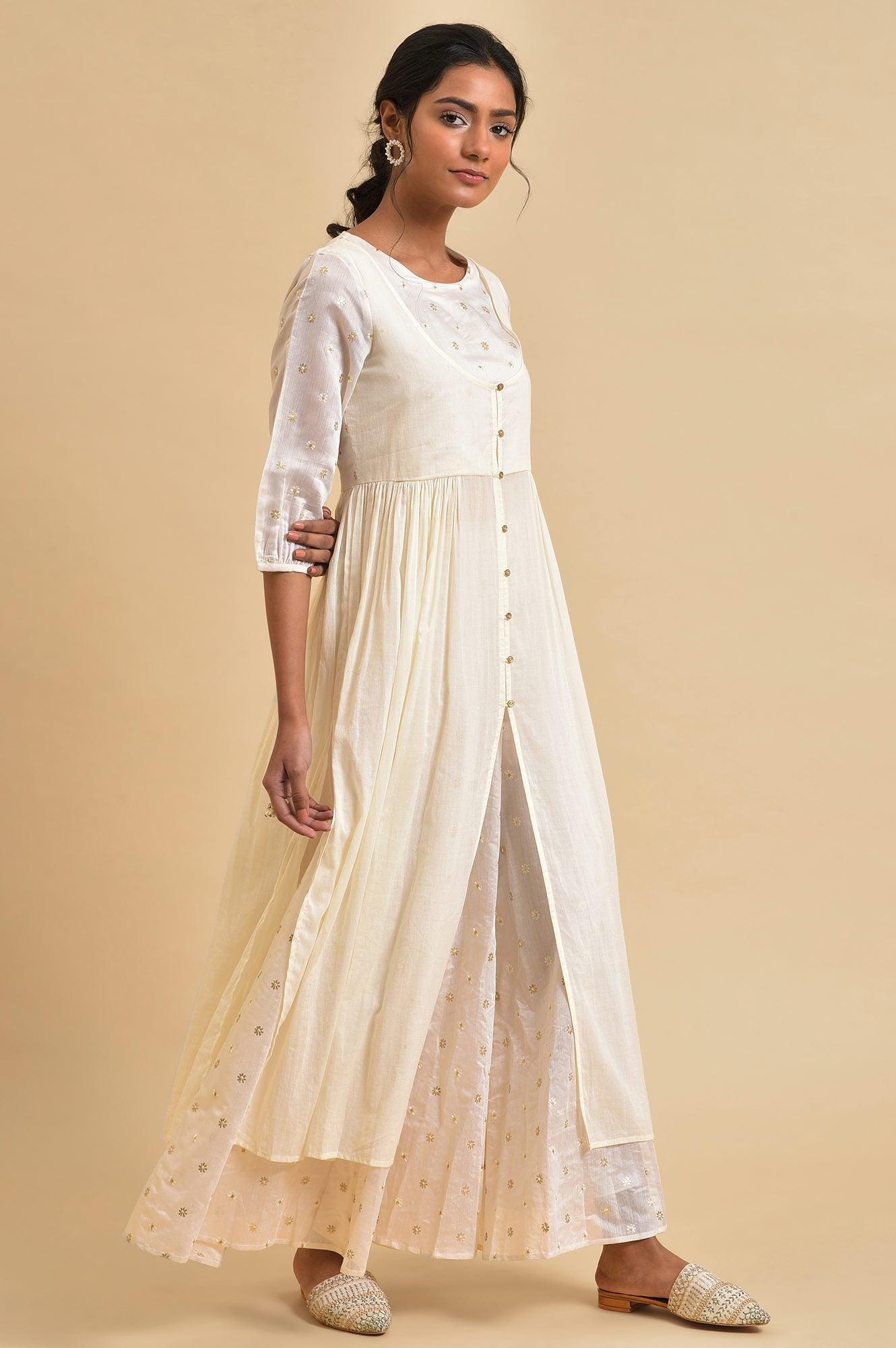 Ecru Floral Printed Festive kurta Set - wforwoman