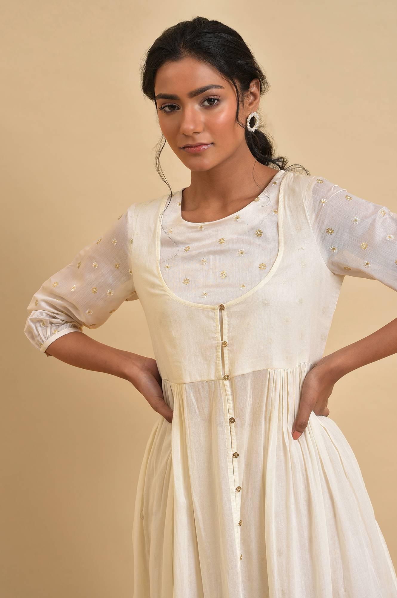 Ecru Floral Printed Festive kurta Set - wforwoman