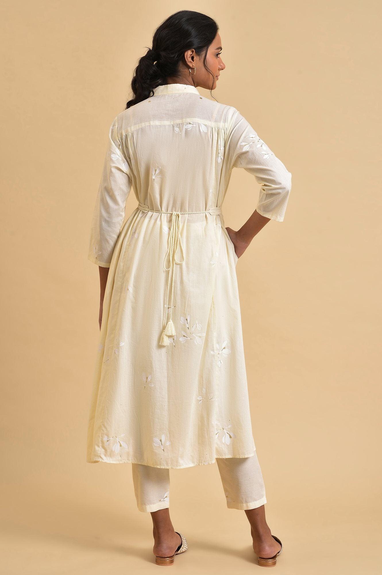 Ecru Floral Printed Shirt kurta Co-Ord Set With Belt - wforwoman