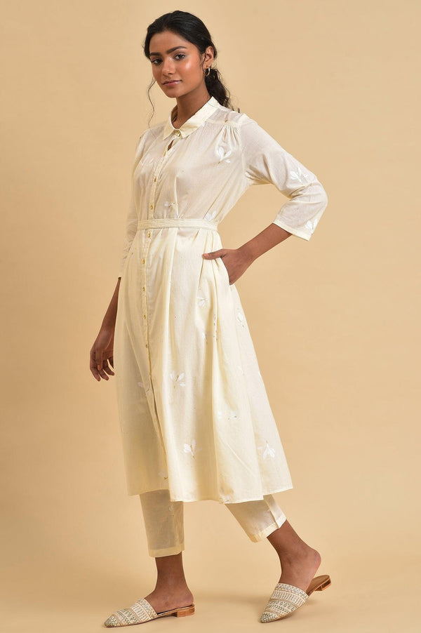 Ecru Floral Printed Shirt kurta Co-Ord Set With Belt