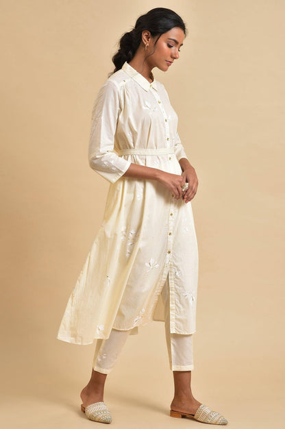 Ecru Floral Printed Shirt kurta Co-Ord Set With Belt - wforwoman