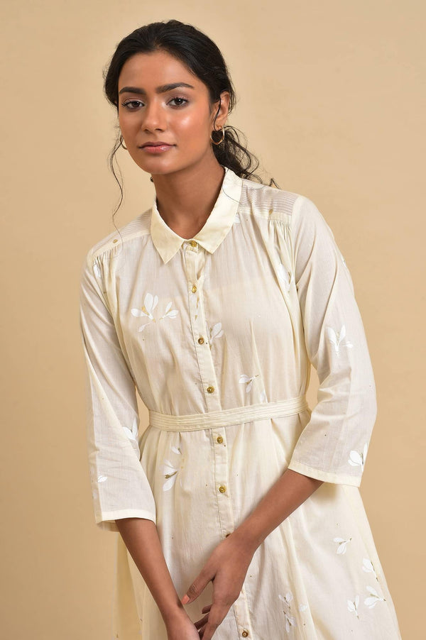 Ecru Floral Printed Shirt kurta Co-Ord Set With Belt