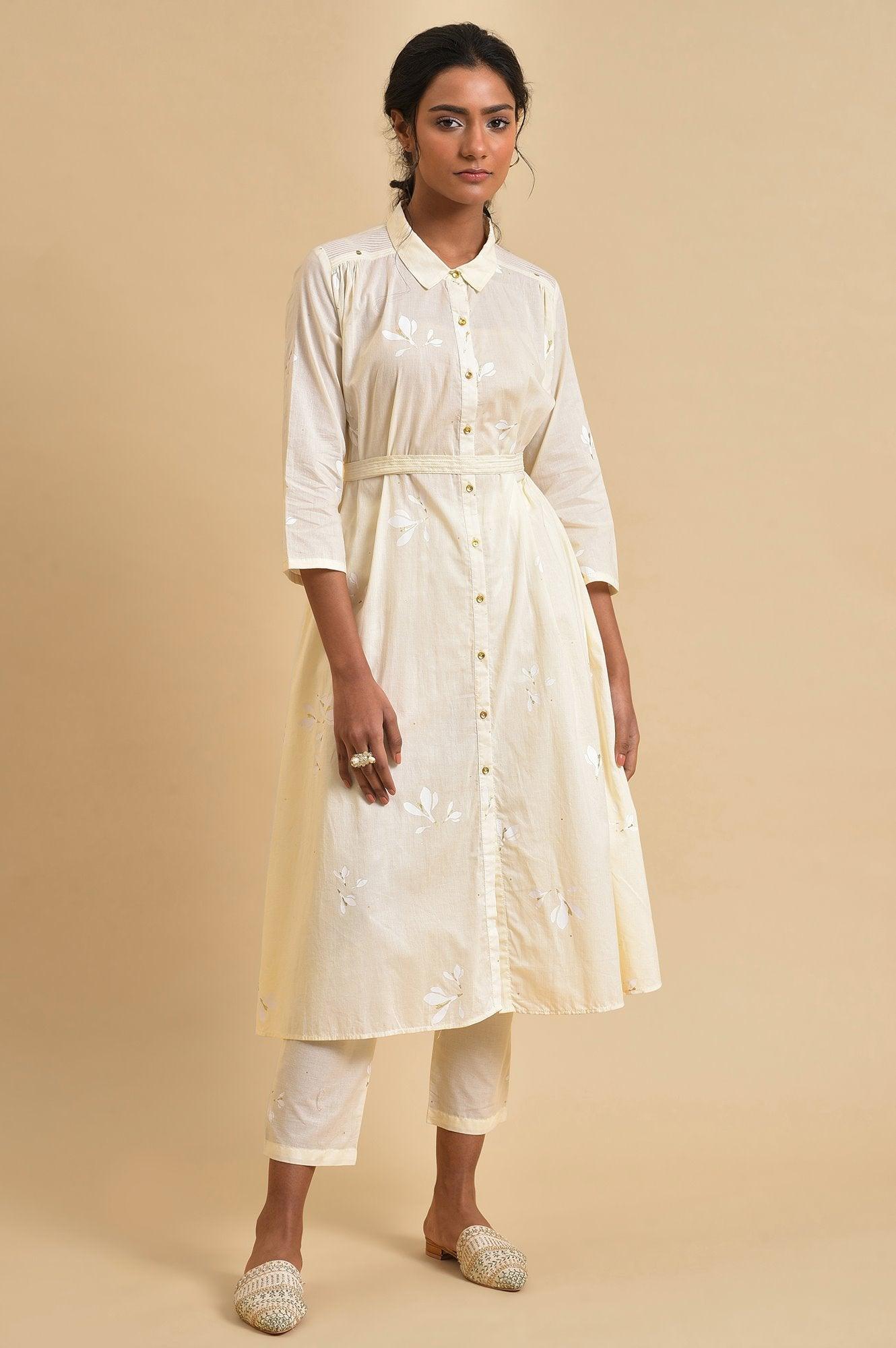 Ecru Floral Printed Shirt kurta Co-Ord Set With Belt - wforwoman