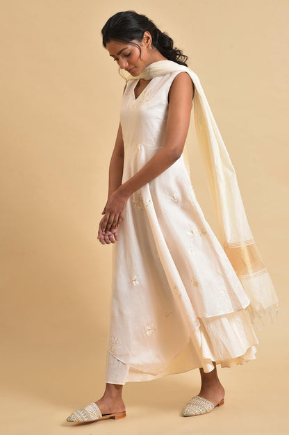 Ecru Layered Dress With Duptta Set - wforwoman