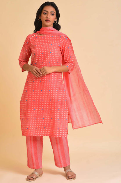 Light Red Printed kurta, Pants &amp; Dupatta Co-Ord Set - wforwoman
