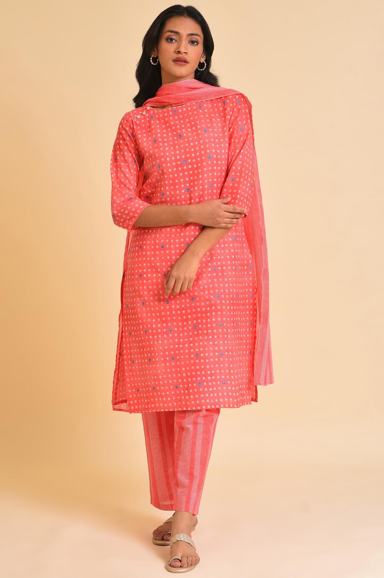 Light Red Printed kurta, Pants &amp; Dupatta Co-Ord Set - wforwoman